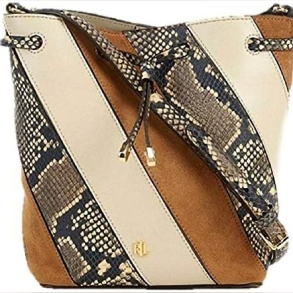 BNWT Lauren by Ralph Lauren Leather Suede Patchwork Bucket Crossbody Bag